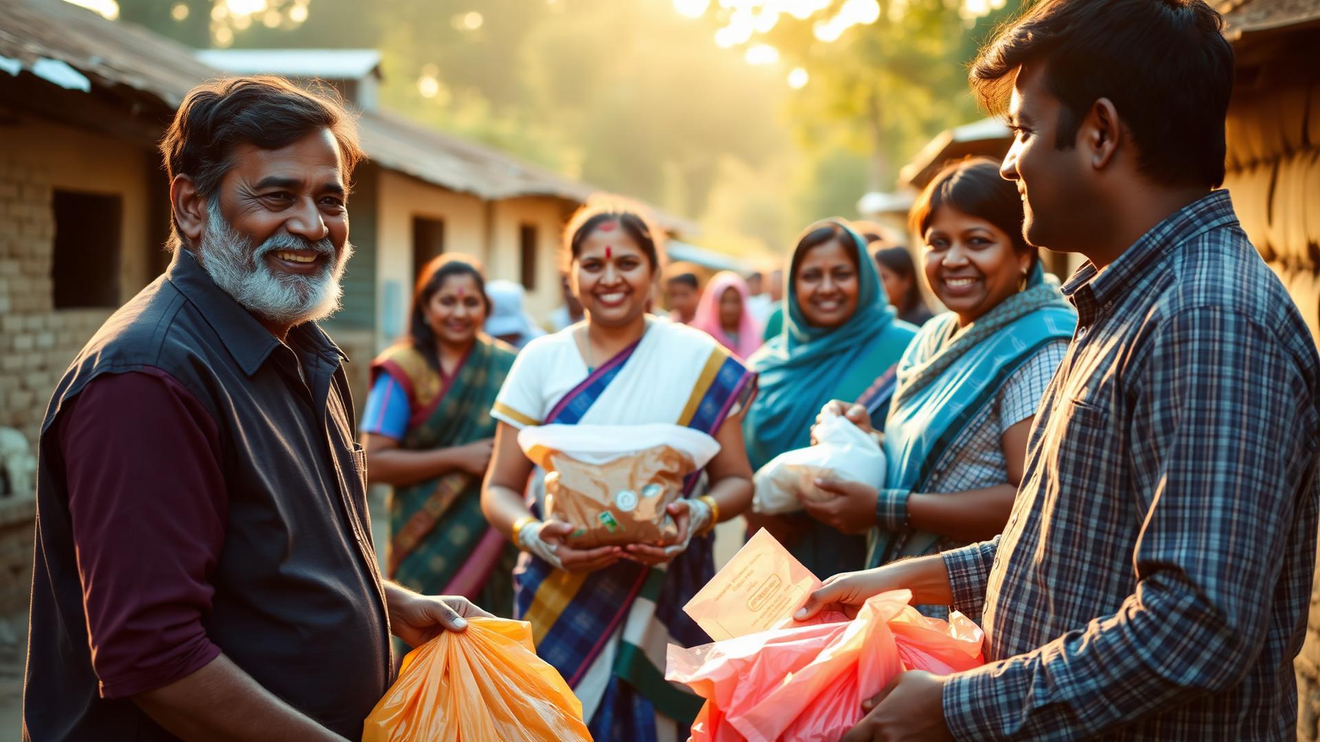 Volunteers distributing supplies in a village